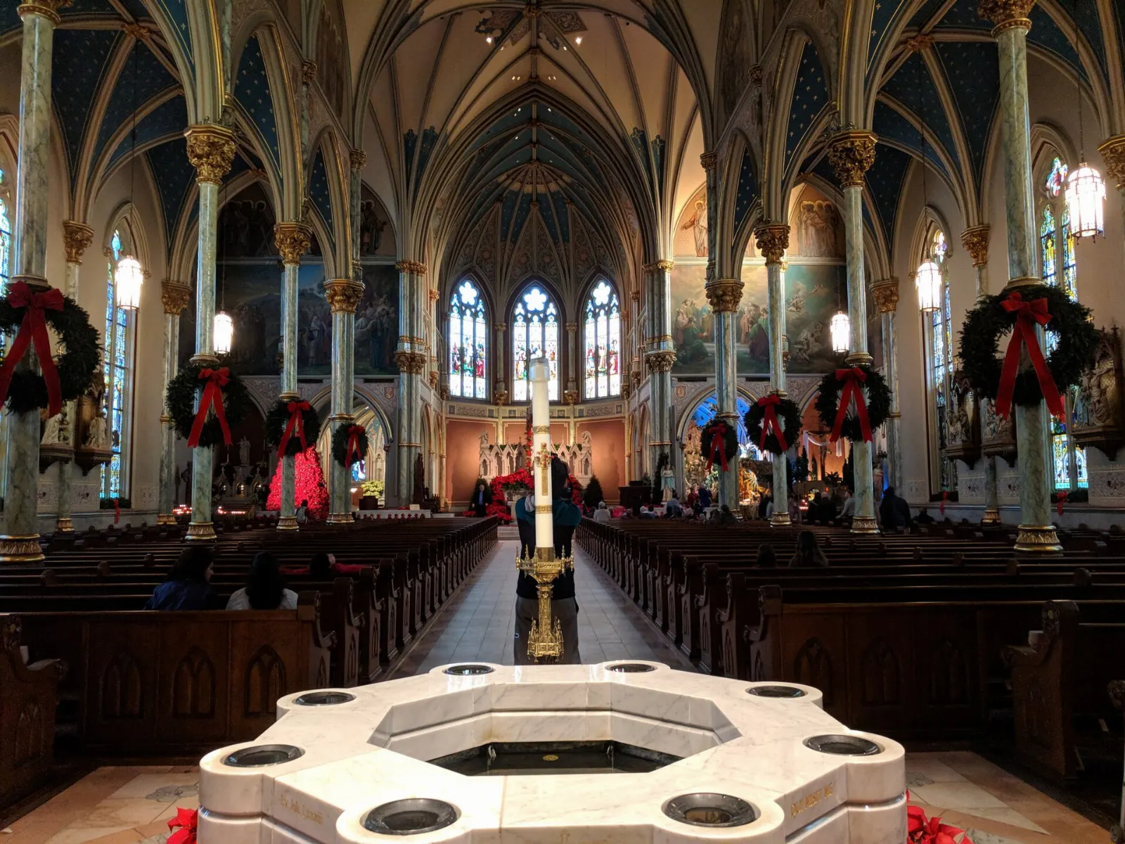 The twin white spires of the Cathedral Basilica of St. John the Baptist rising above Savannah, Georgia