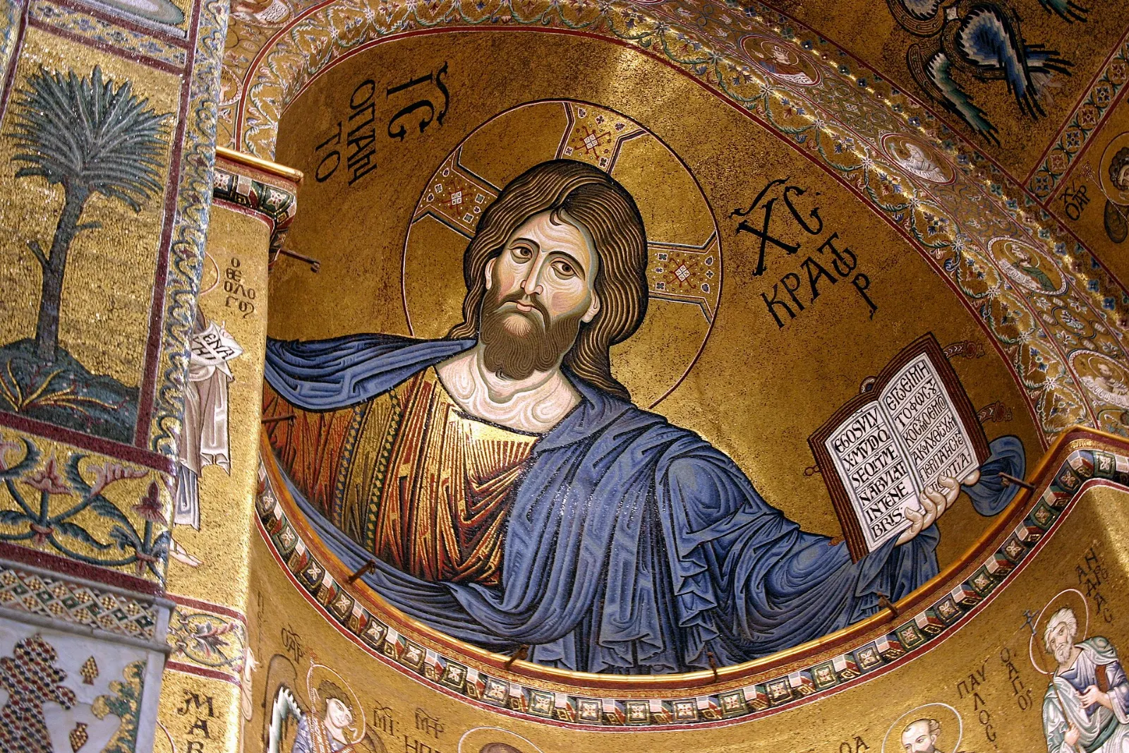A huge golden mosaic of Christ filling the apse of a cathedral, Sicily, Italy