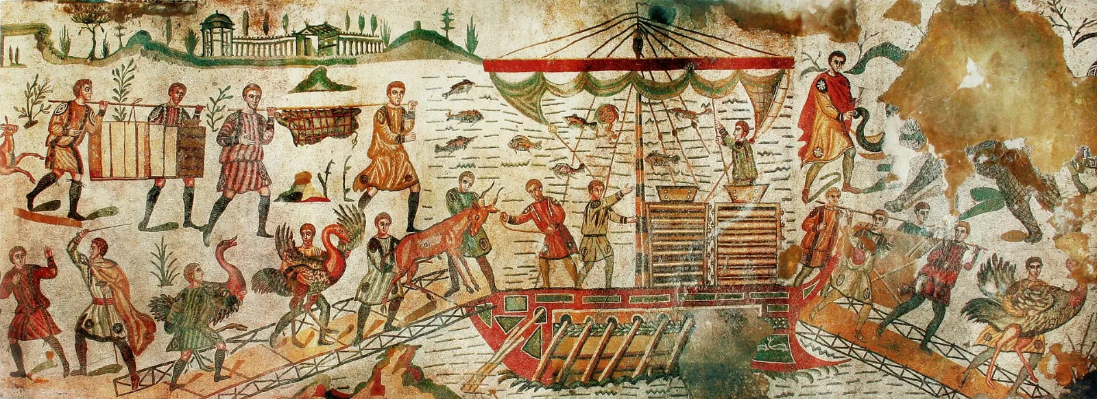 A Roman floor mosaic showing young women exercising in two-piece outfits, Sicily, Italy