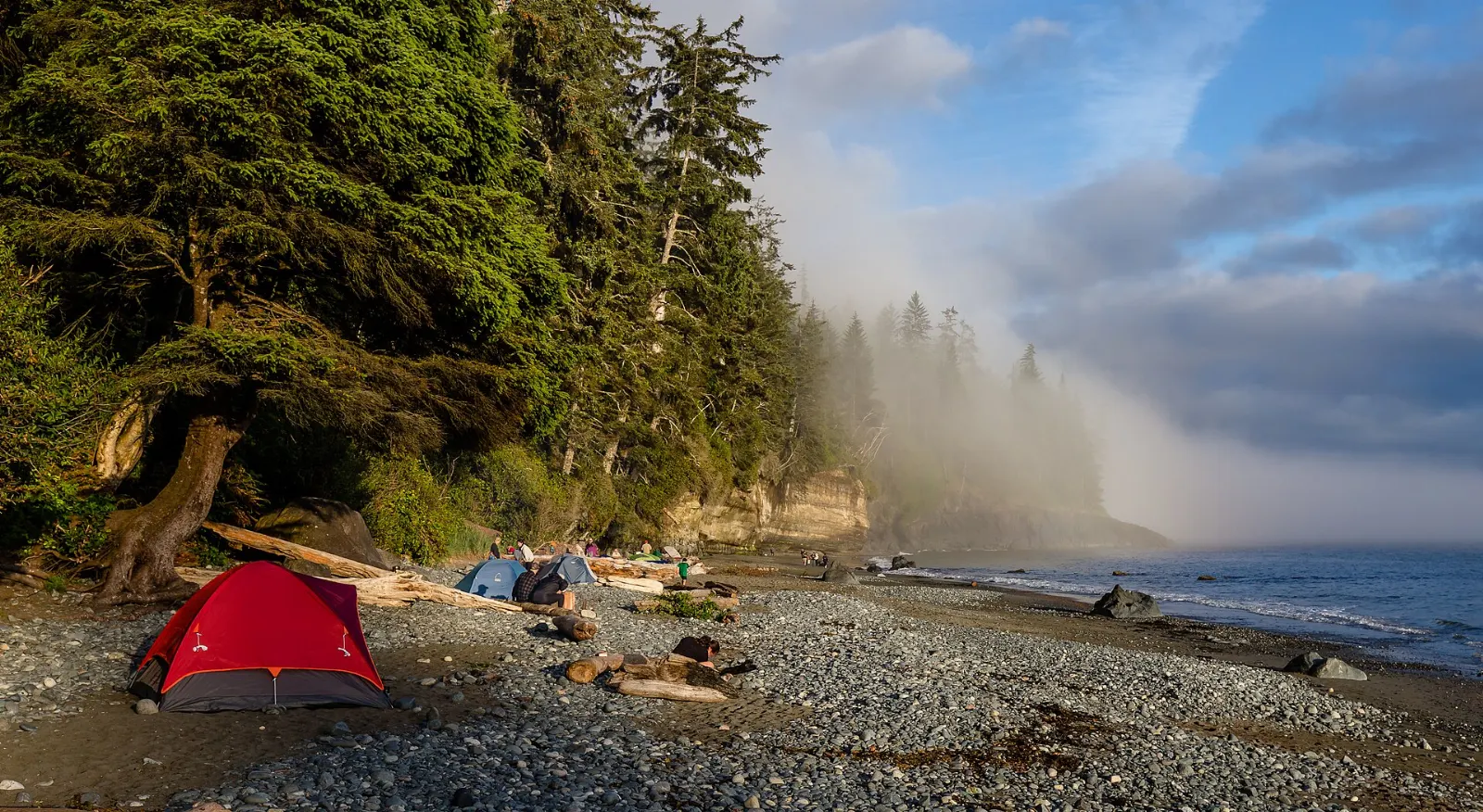 Driftwood and cliffs at Mystic Beach on Vancouver Island, Sooke, British Columbia