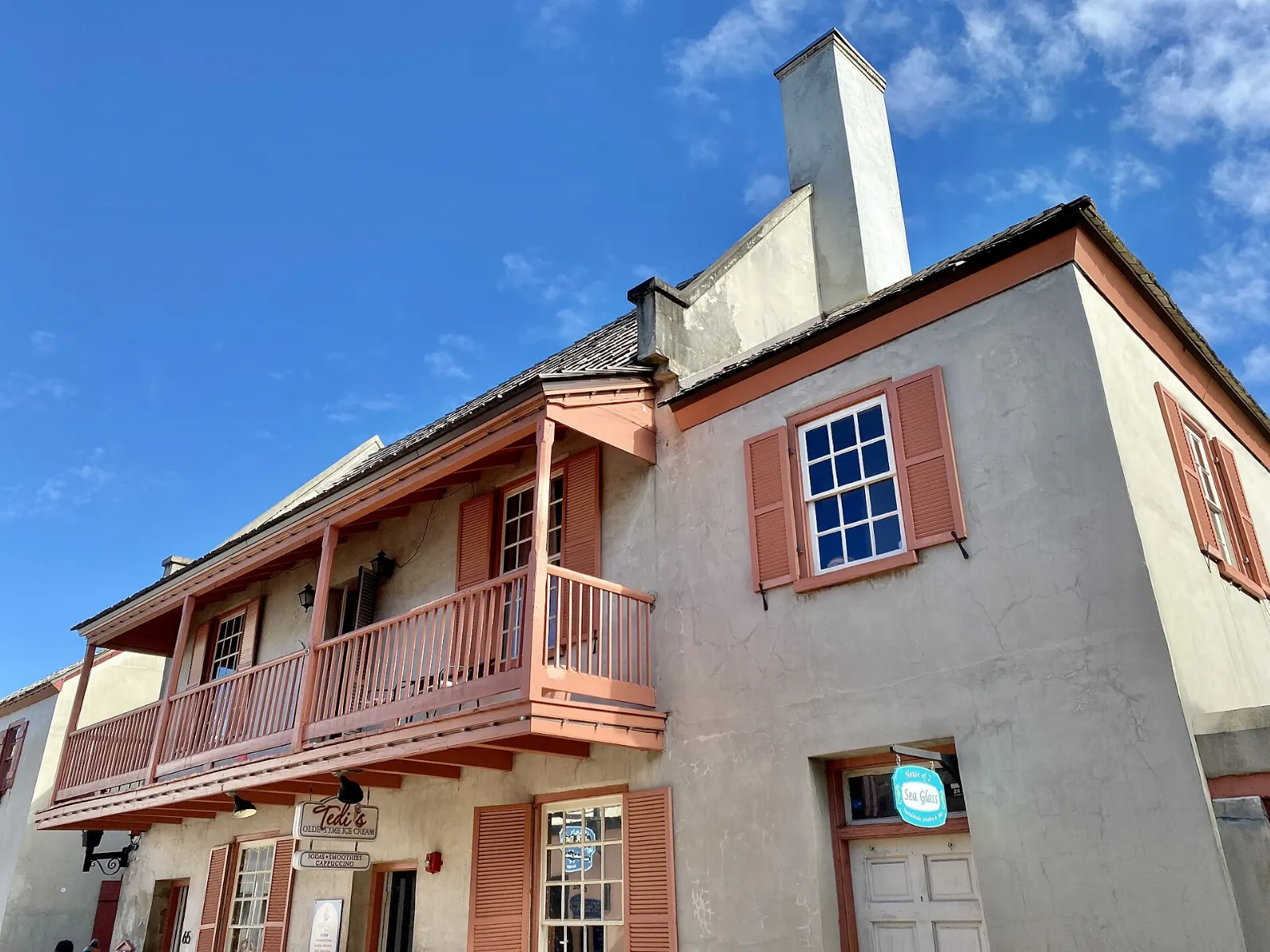 A pedestrian street of balconied shops and historic buildings in St. Augustine, Florida