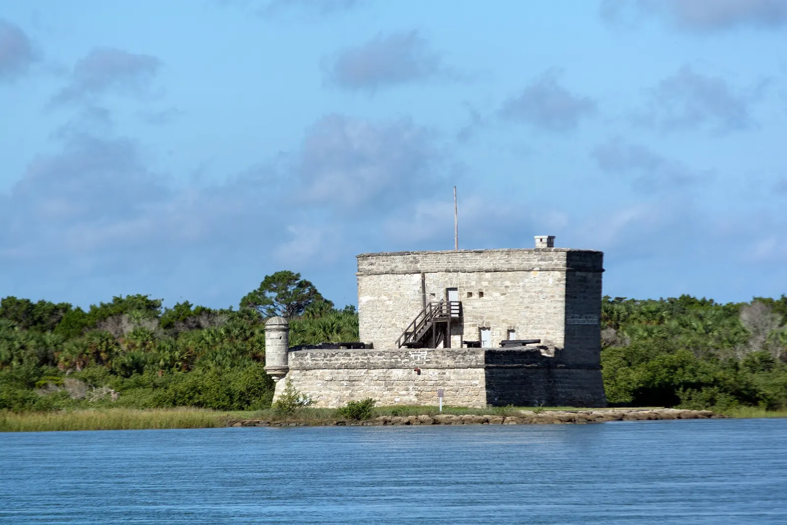 A small coquina watchtower fort on a marshy island along the Matanzas River, St. Augustine, Florida