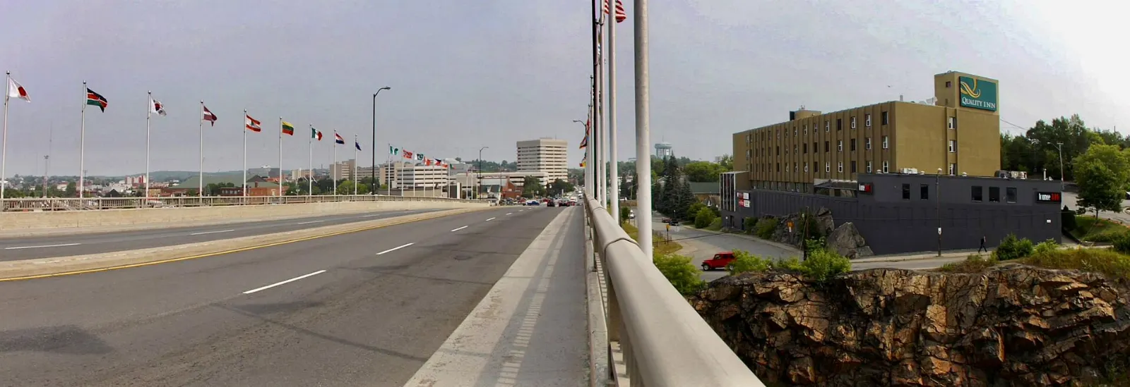 Bridge of Nations in downtown Sudbury decorated with national flags, Ontario