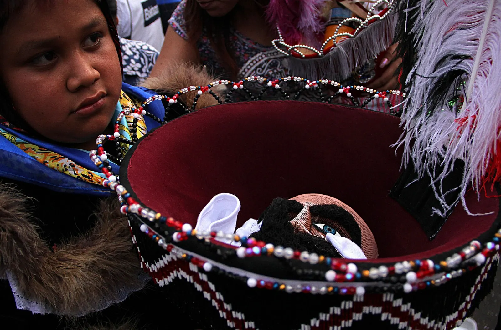 Chinelo dancers in feathered costumes at carnival, Tepoztlán, Morelos