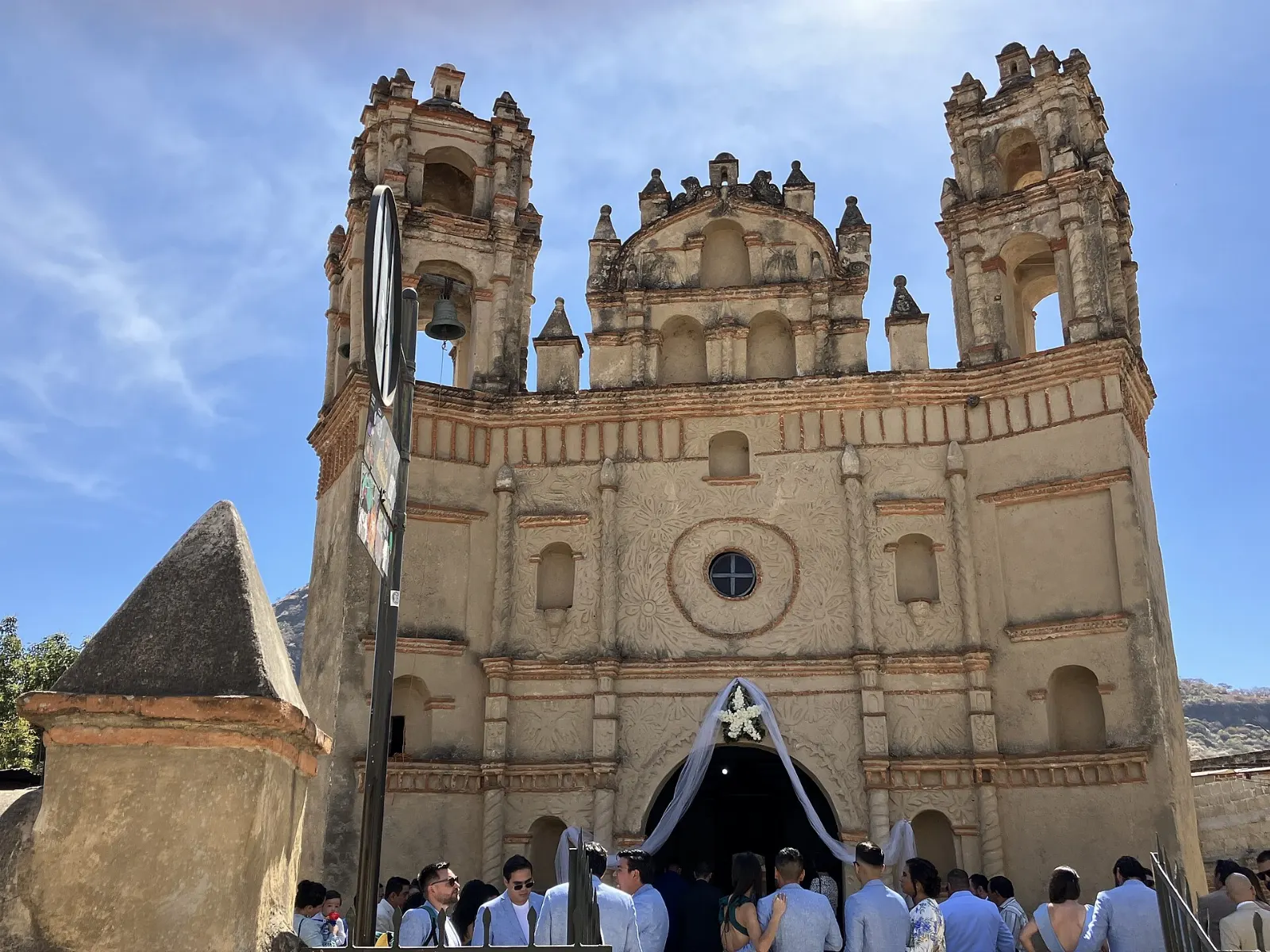 The chapel of El Rosario in Tlayacapan with its decorated facade, Morelos