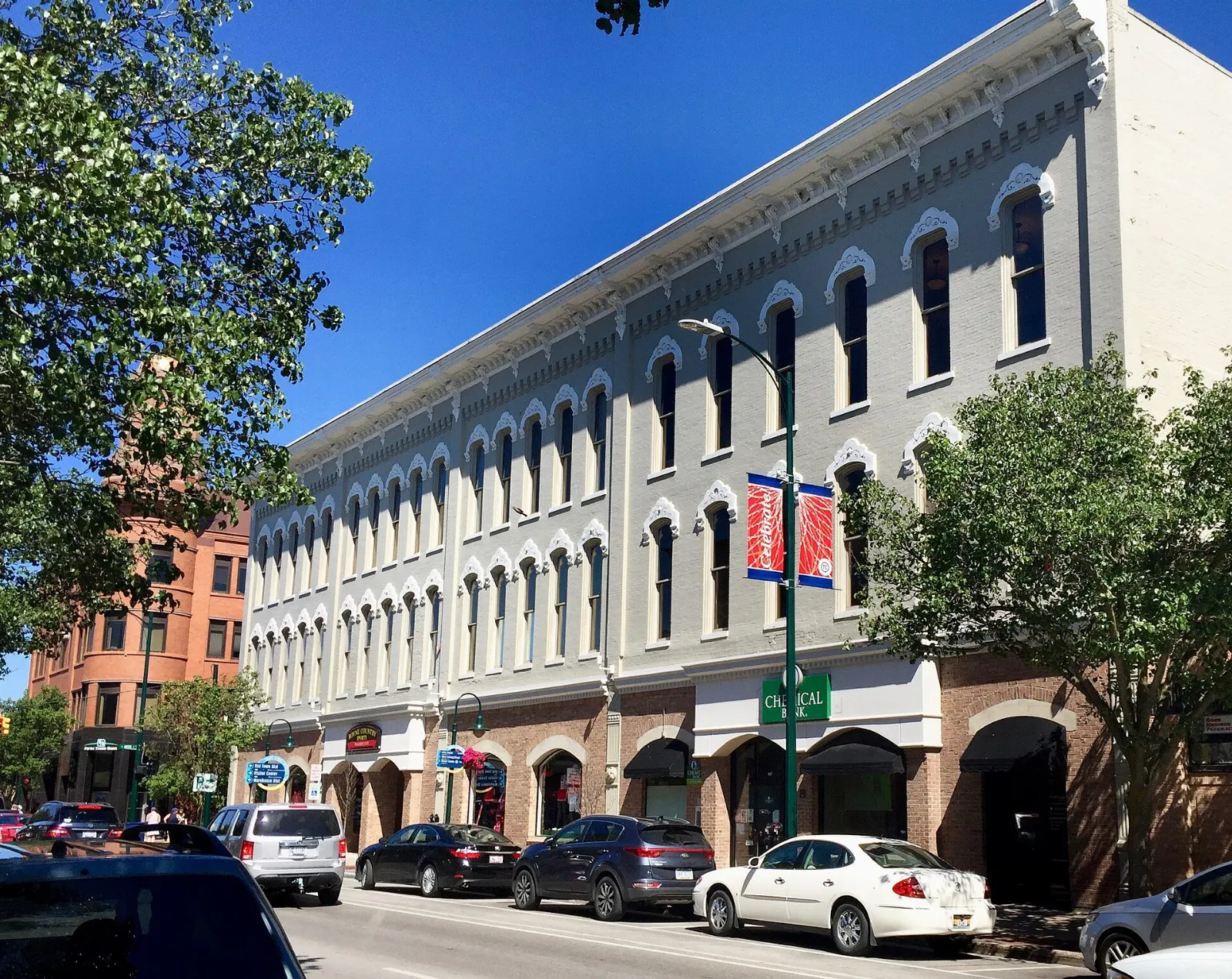 Shops and brick storefronts along Front Street in downtown Traverse City, Michigan