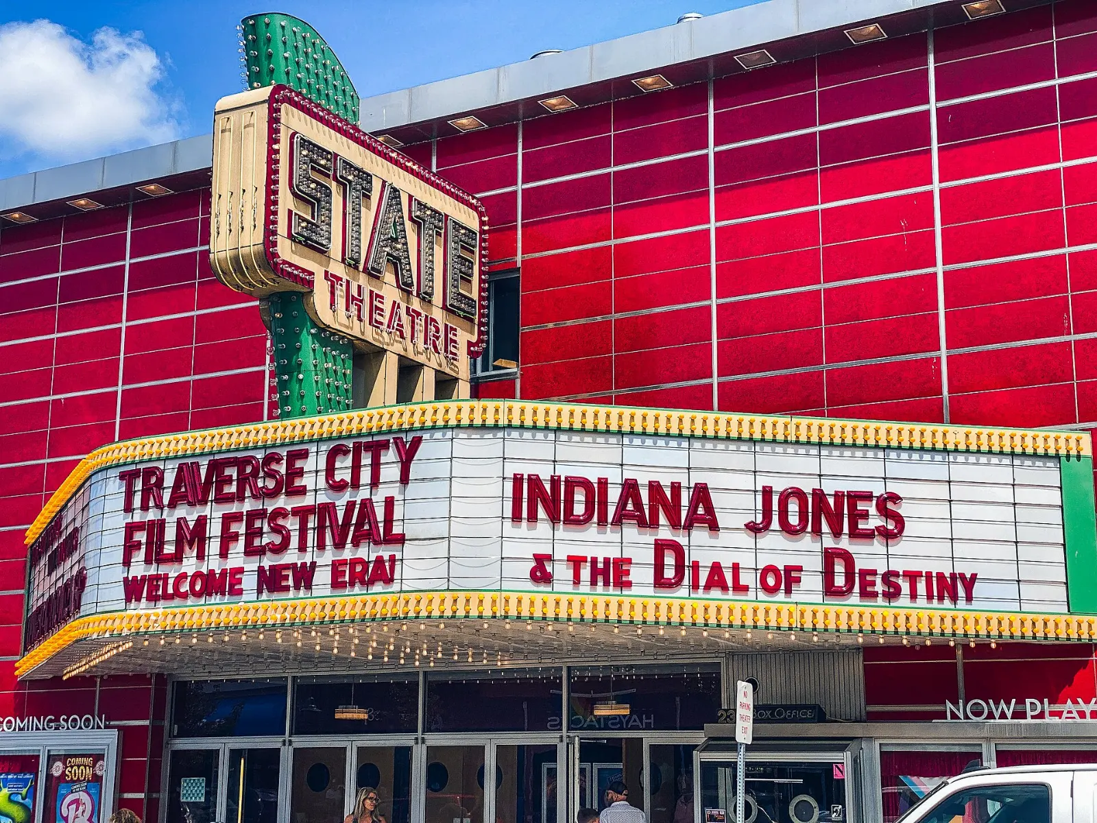 The illuminated marquee of the State Theatre on Front Street, Traverse City, Michigan