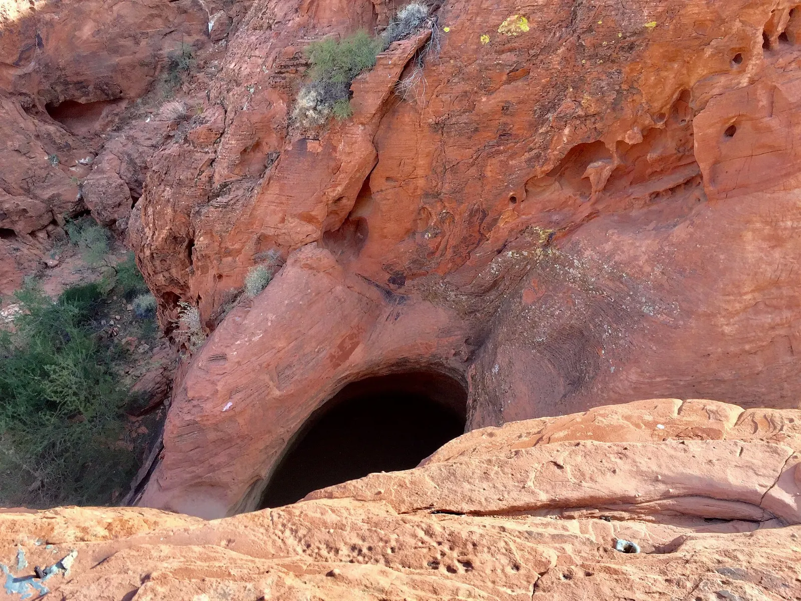 A narrow sandy trail between red rock walls covered in petroglyphs, Valley of Fire State Park, Nevada