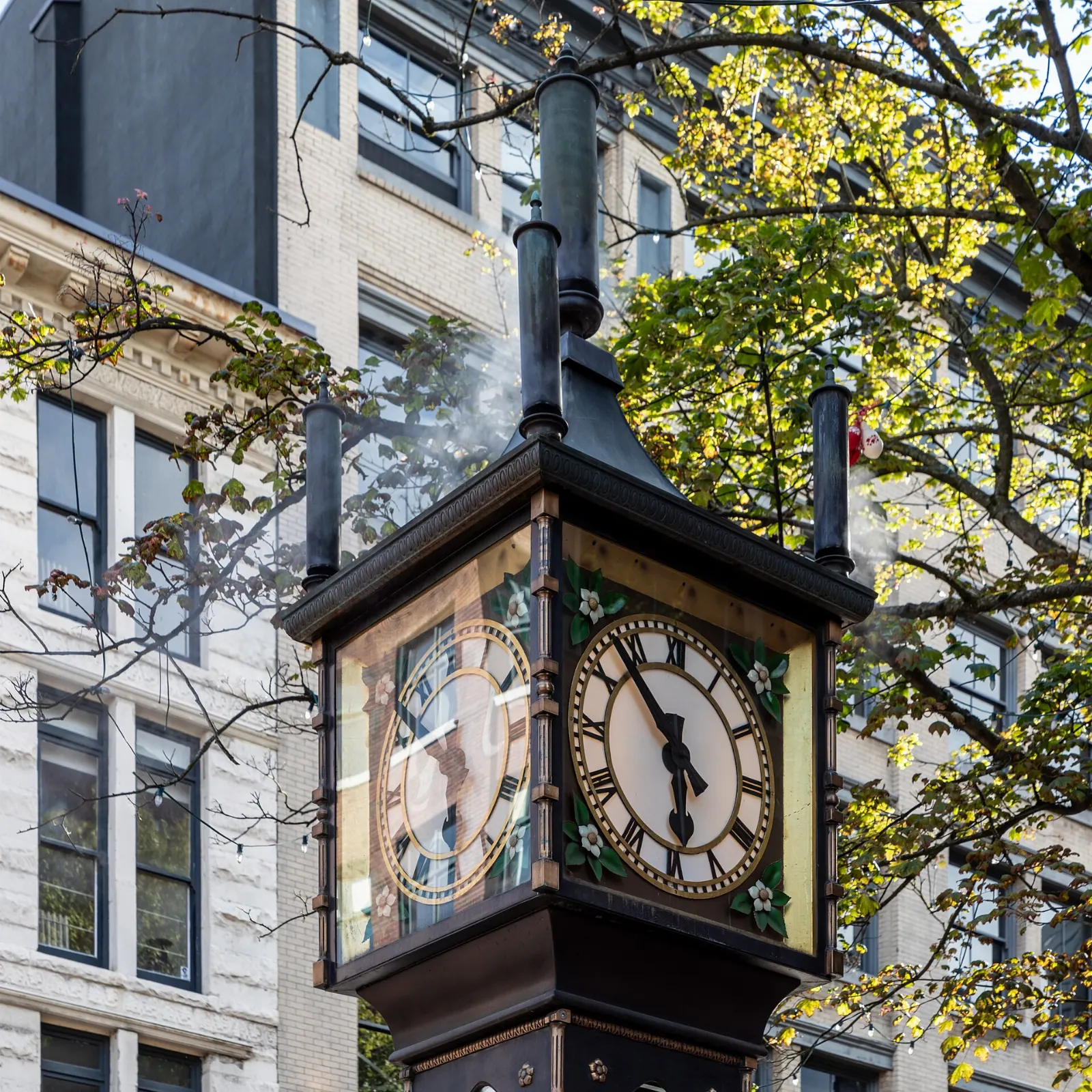 The steam clock on a brick-paved corner of Water Street in Gastown, Vancouver, Canada