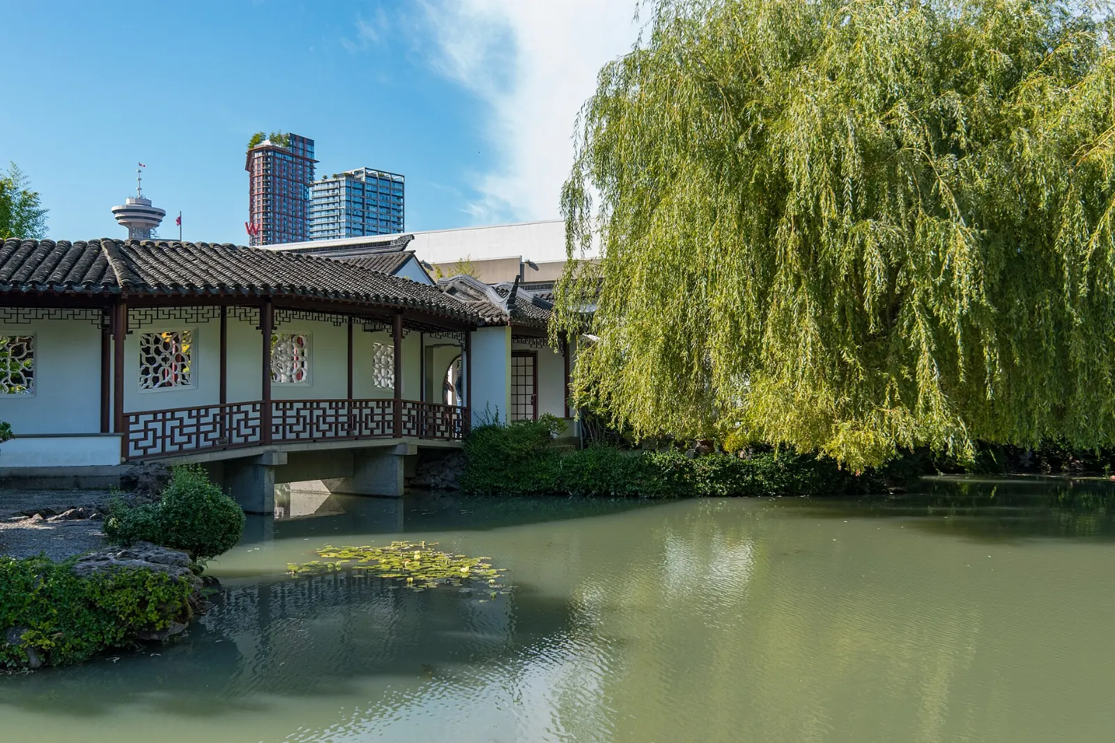 A covered walkway and pond inside the Dr. Sun Yat-Sen Classical Chinese Garden, Vancouver, Canada