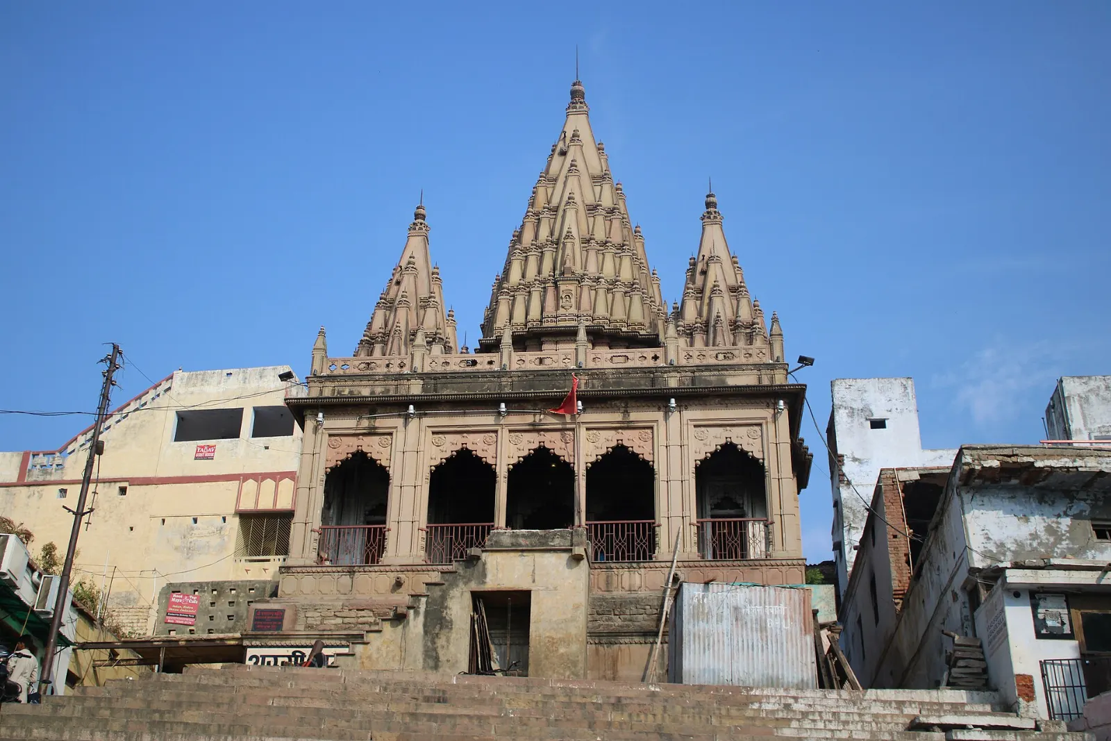 Broad steps of Assi Ghat leading down to the Ganges in southern Varanasi, India