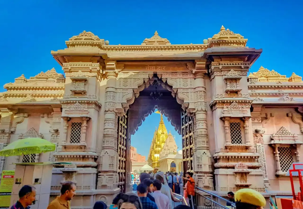 Pale stone courtyard and buildings of the Kashi Vishwanath Dham corridor, Varanasi, India