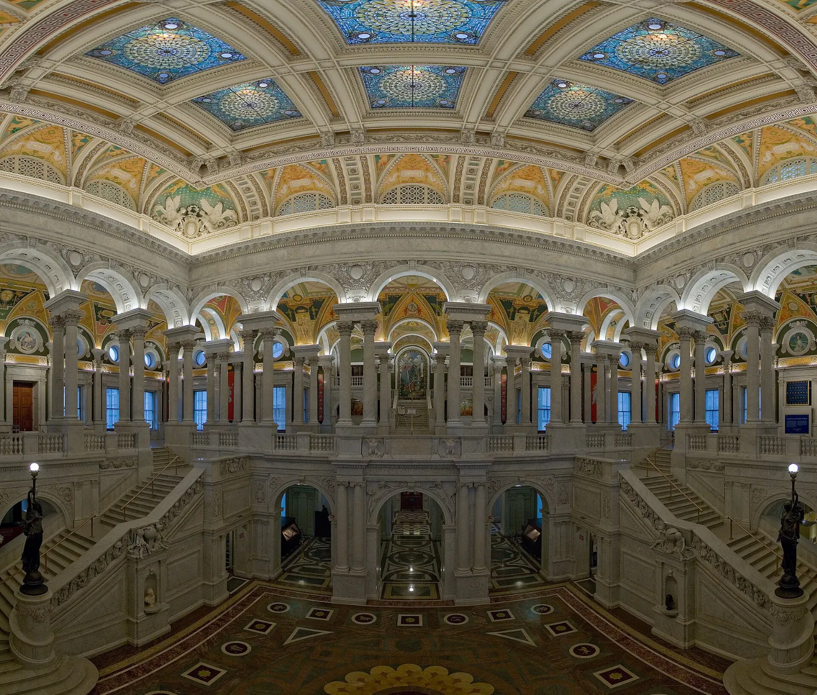 Ornate marble columns and painted ceilings in the Great Hall of the Library of Congress, Washington, D.C., District of Columbia