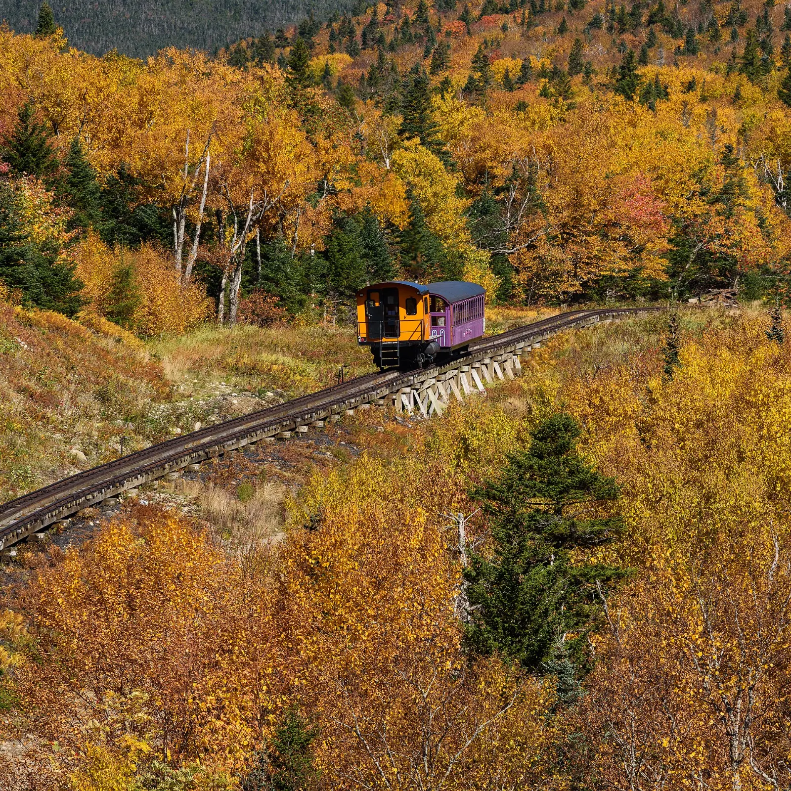 A small cog railway locomotive pushing a passenger coach up a steep trestle on Mount Washington, White Mountains, New Hampshire
