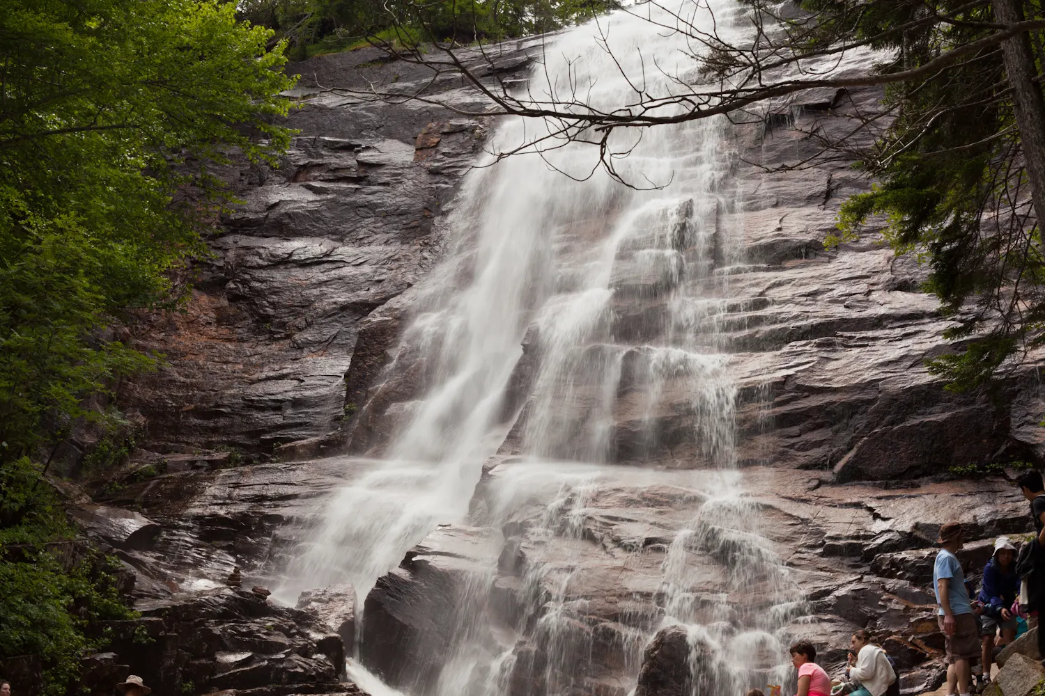 A tall, thin waterfall pouring down a rock face in Crawford Notch, White Mountains, New Hampshire