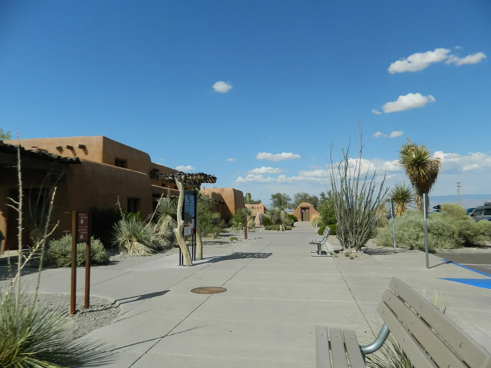 Pueblo Revival style adobe visitor center building at White Sands National Park, New Mexico