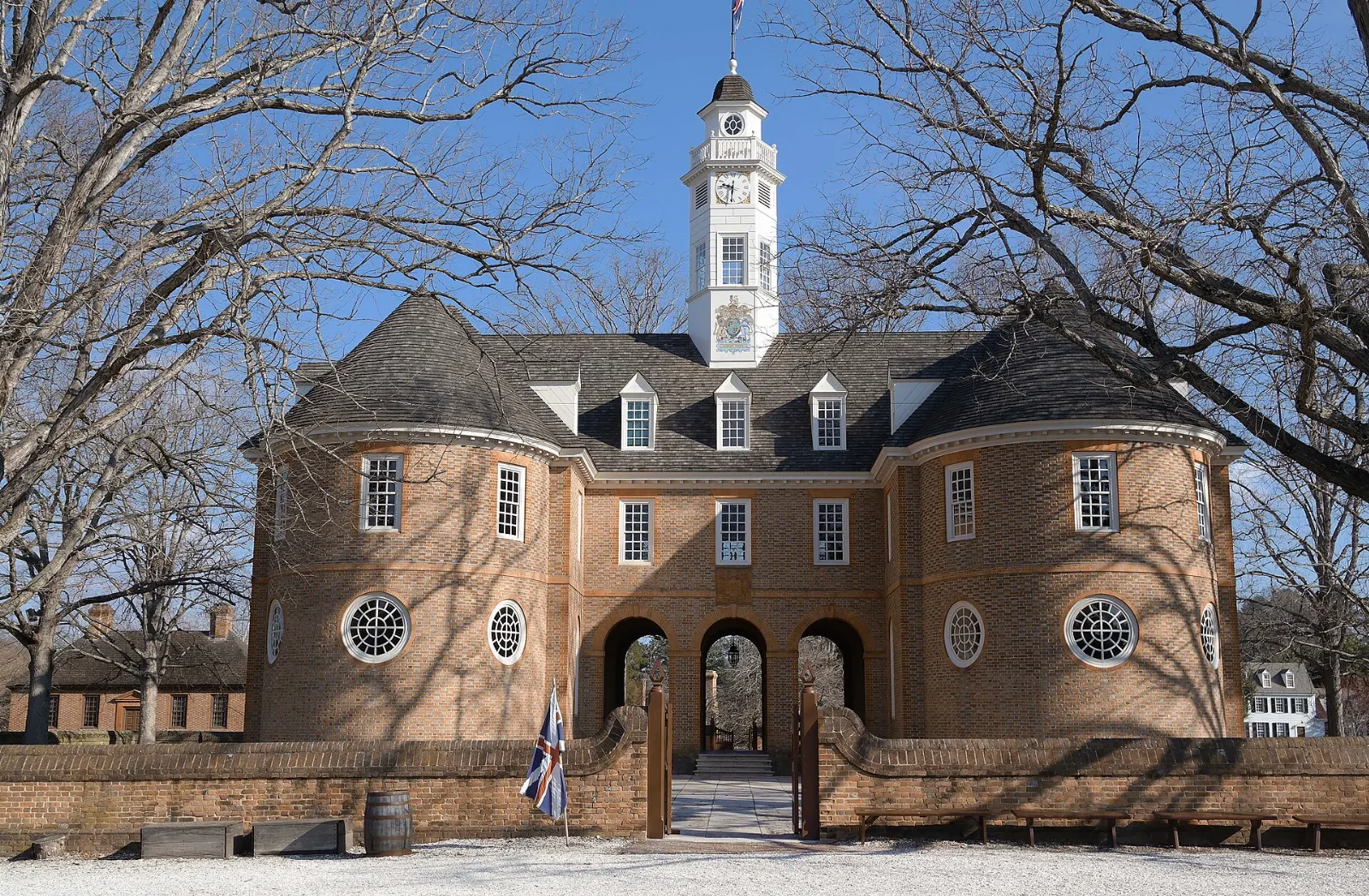 The reconstructed brick Capitol with twin rounded wings and a central cupola, Williamsburg, Virginia