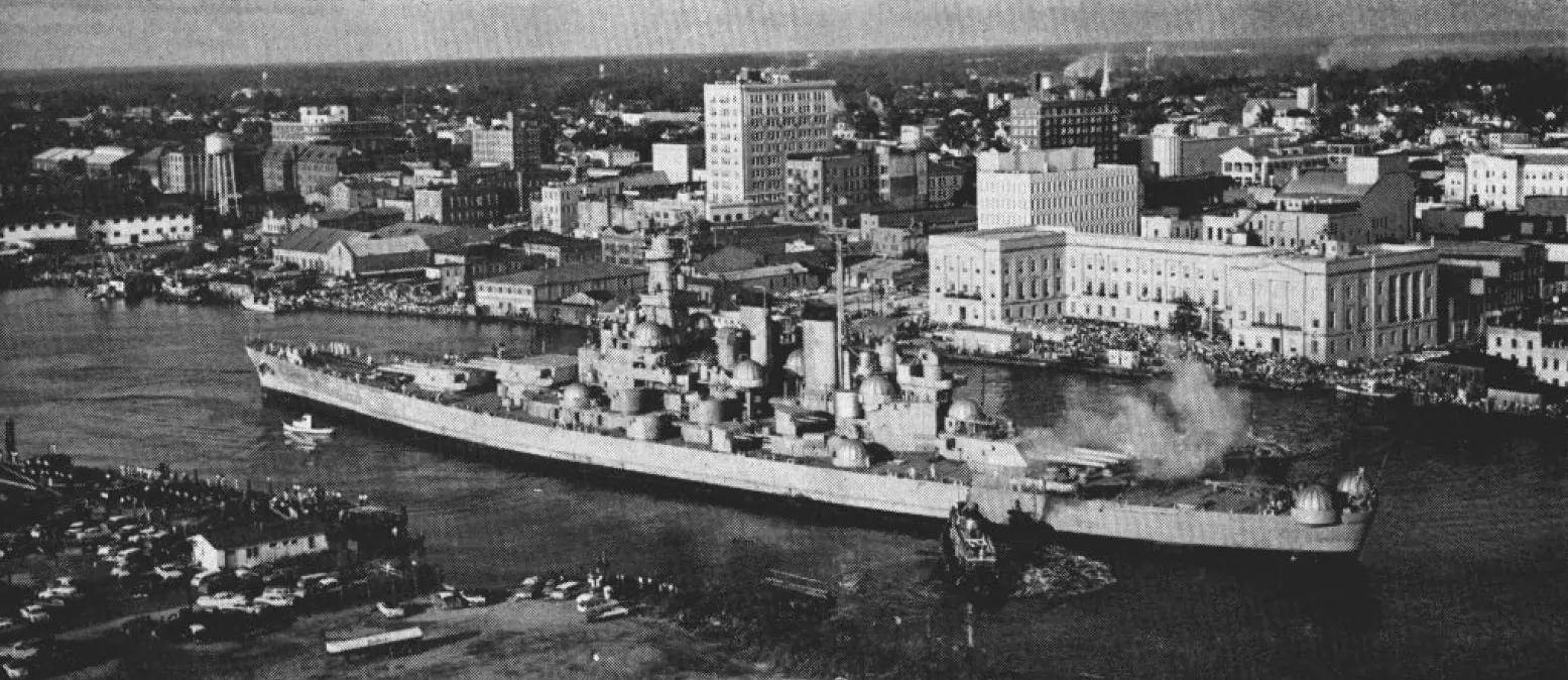 Gray World War II battleship moored in the Cape Fear River, Wilmington, North Carolina