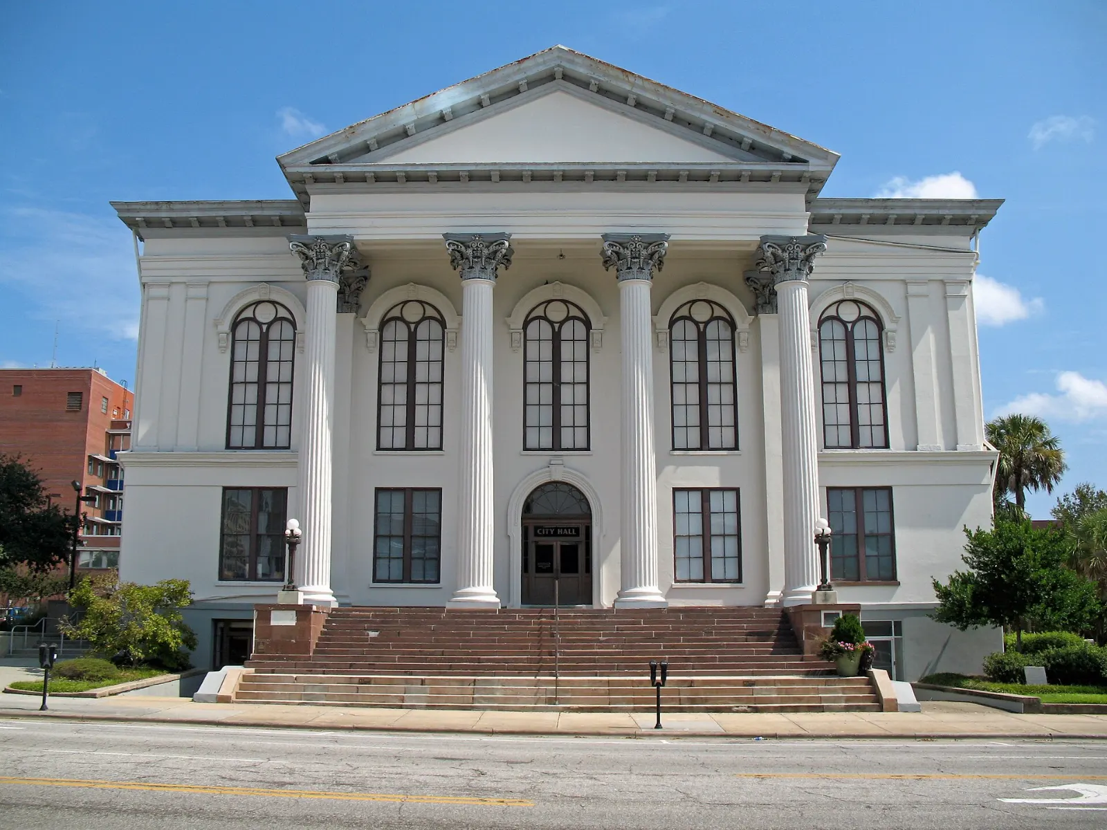 Columned facade of Thalian Hall, a historic theater and city hall, Wilmington, North Carolina