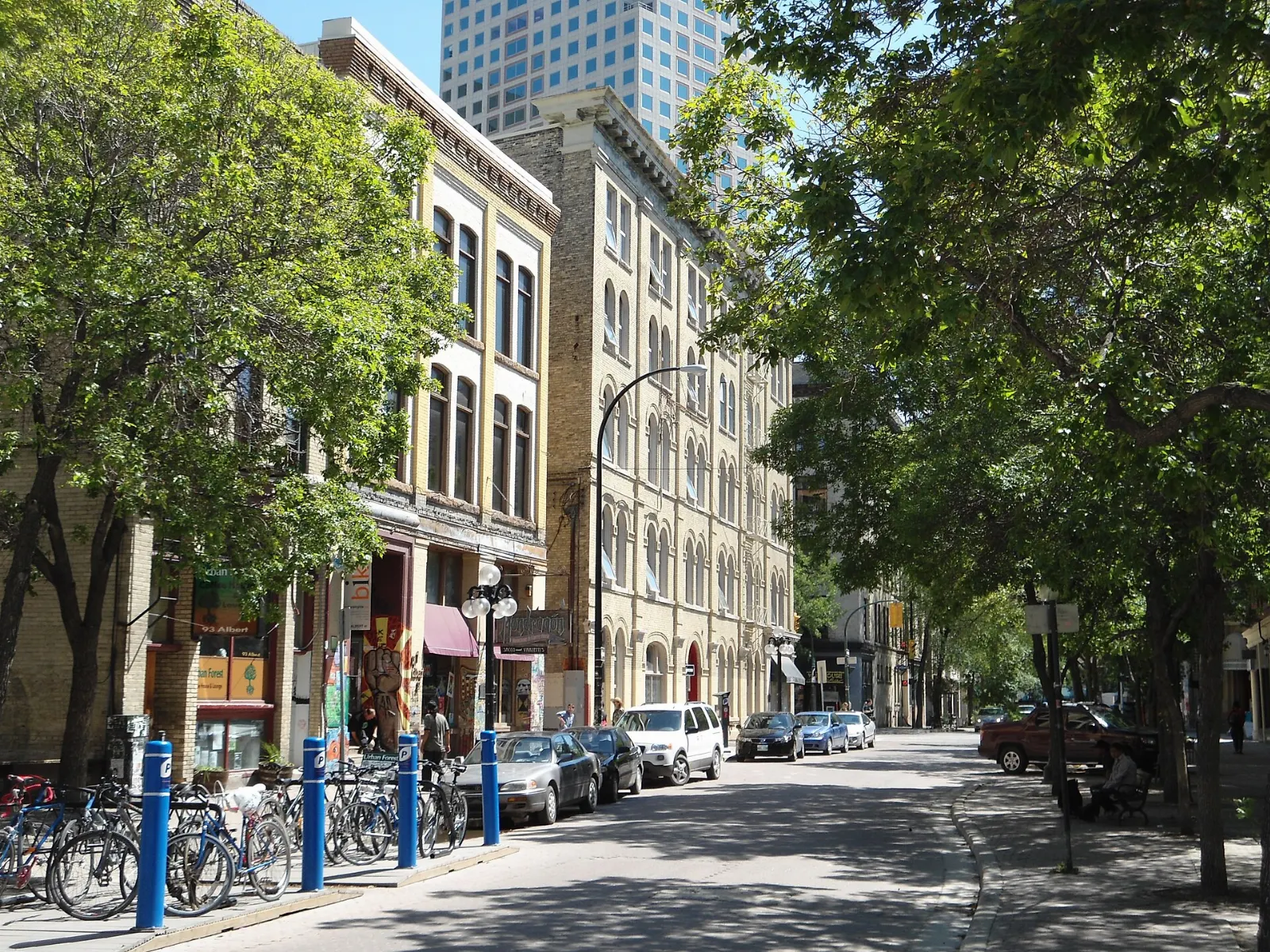 Historic brick warehouses along a street in the Exchange District, Winnipeg, Manitoba