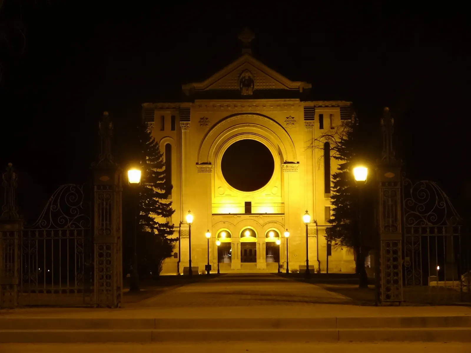 The facade of St. Boniface Cathedral beside the Red River, Winnipeg, Manitoba