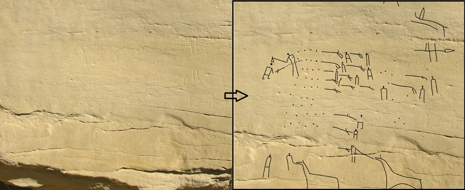 Petroglyph carvings on a sandstone wall, Writing-on-Stone Provincial Park, Alberta