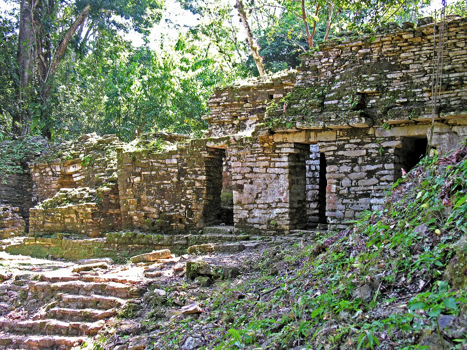 Stone buildings of the Great Acropolis above the Usumacinta River, Yaxchilán, Chiapas