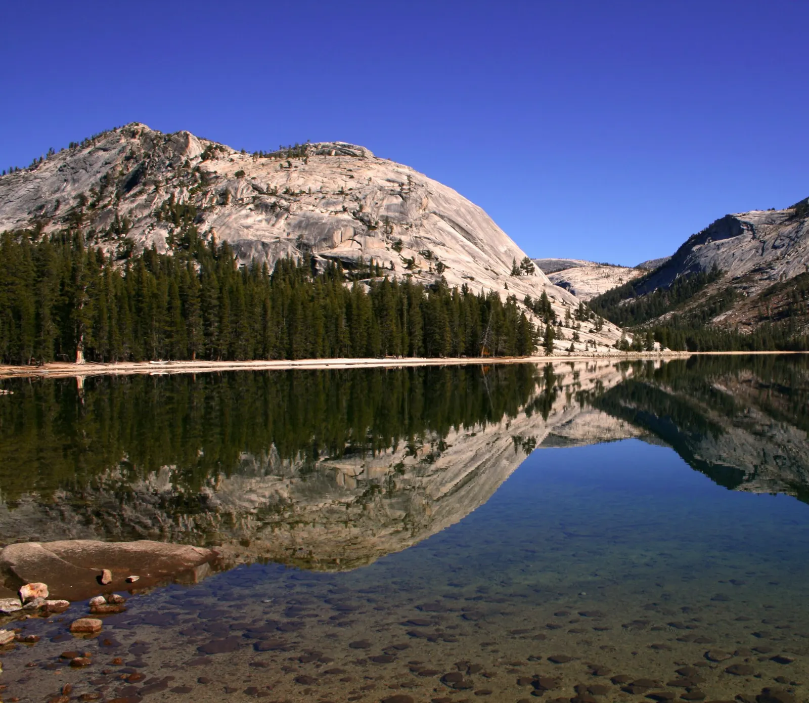 Clear blue Tenaya Lake surrounded by granite domes along Tioga Road, Yosemite National Park, California
