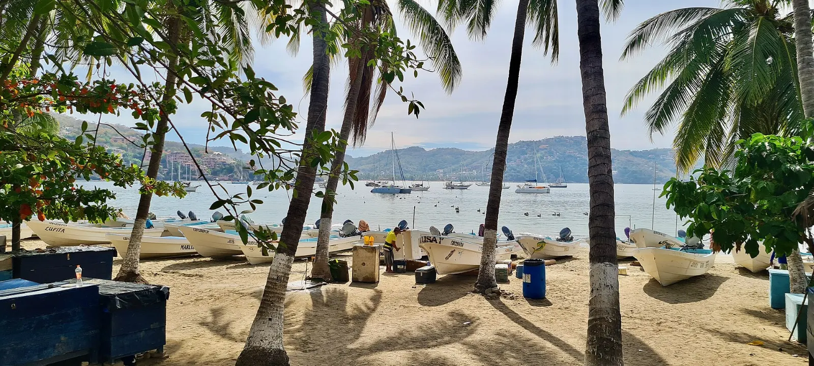 Waterfront walkway and fishing boats in Zihuatanejo, Guerrero