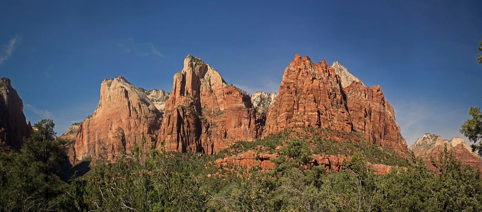 Three sandstone peaks of the Court of the Patriarchs rising above the canyon floor, Zion National Park, Utah