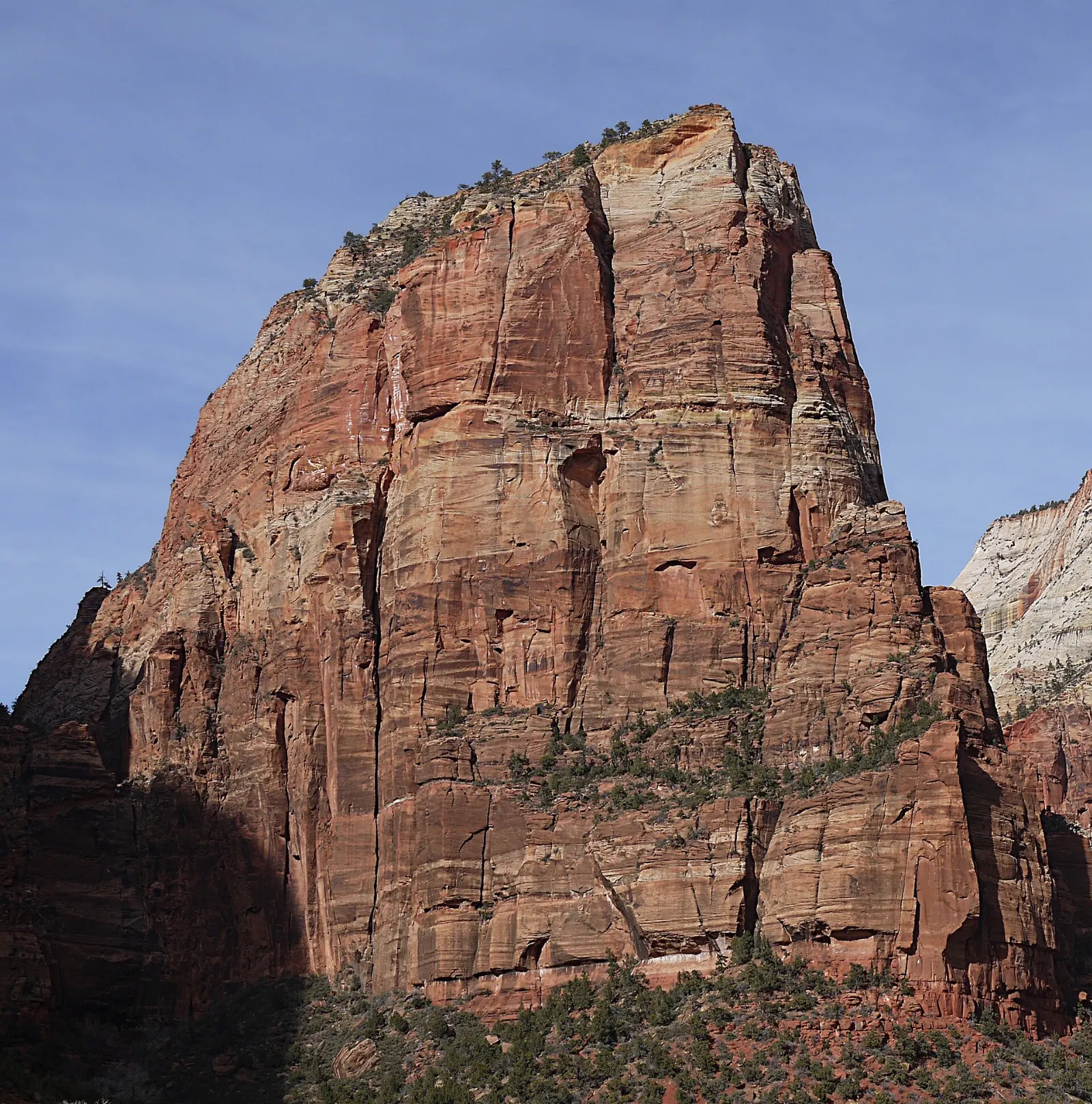 Narrow sandstone fin of Angels Landing above the curve of Zion Canyon, Zion National Park, Utah