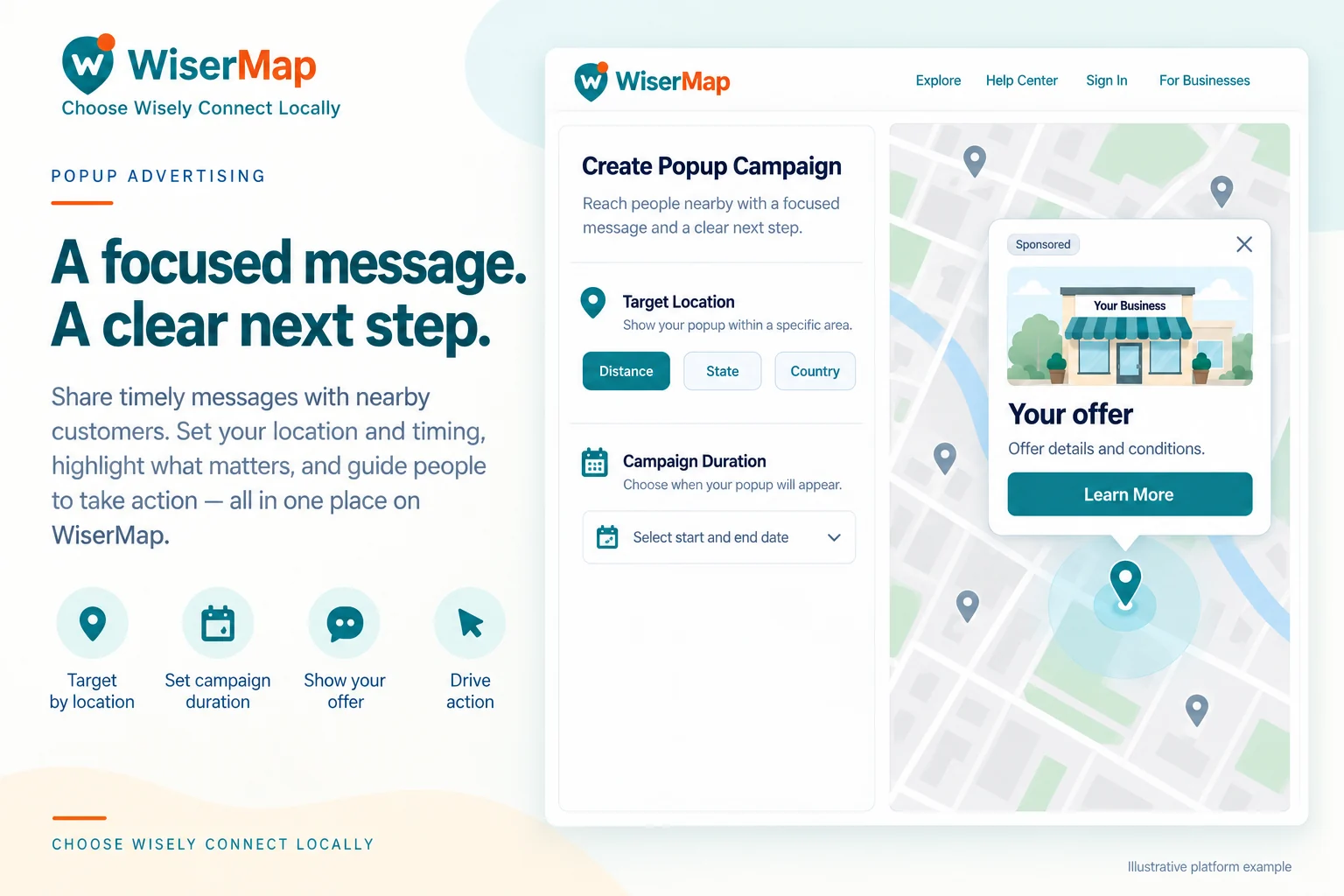 Illustrative popup campaign with geographic targeting, duration, and a clear promotional action.