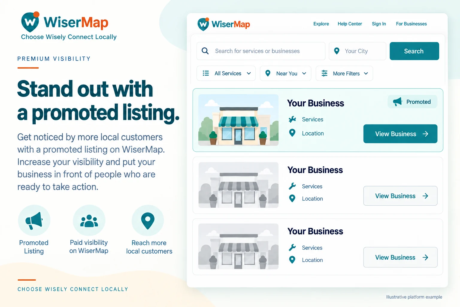 Illustrative WiserMap search results distinguishing a promoted business listing from standard listings.