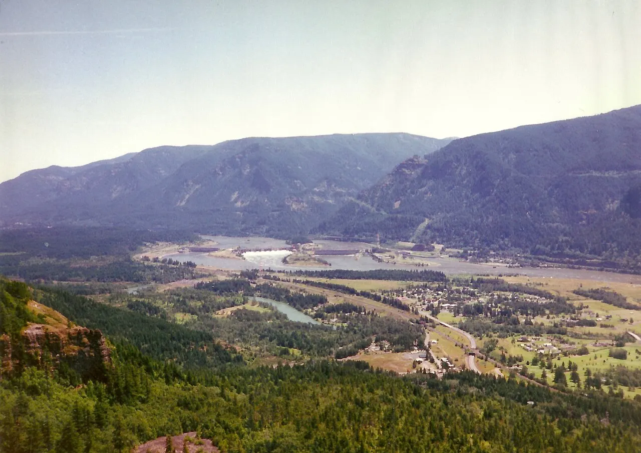Beacon Rock, across the river, Columbia River Gorge, Oregon, United States