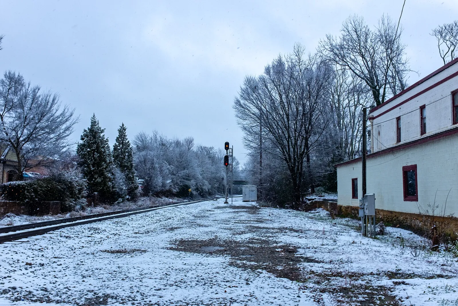 CSX Track looking East of Lawrenceville Depot during snow, Lawrenceville, Georgia, United States