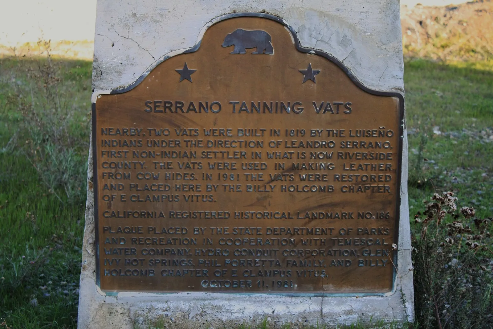 California Landmark No. 186 Serrano Tanning Vats, Corona, California