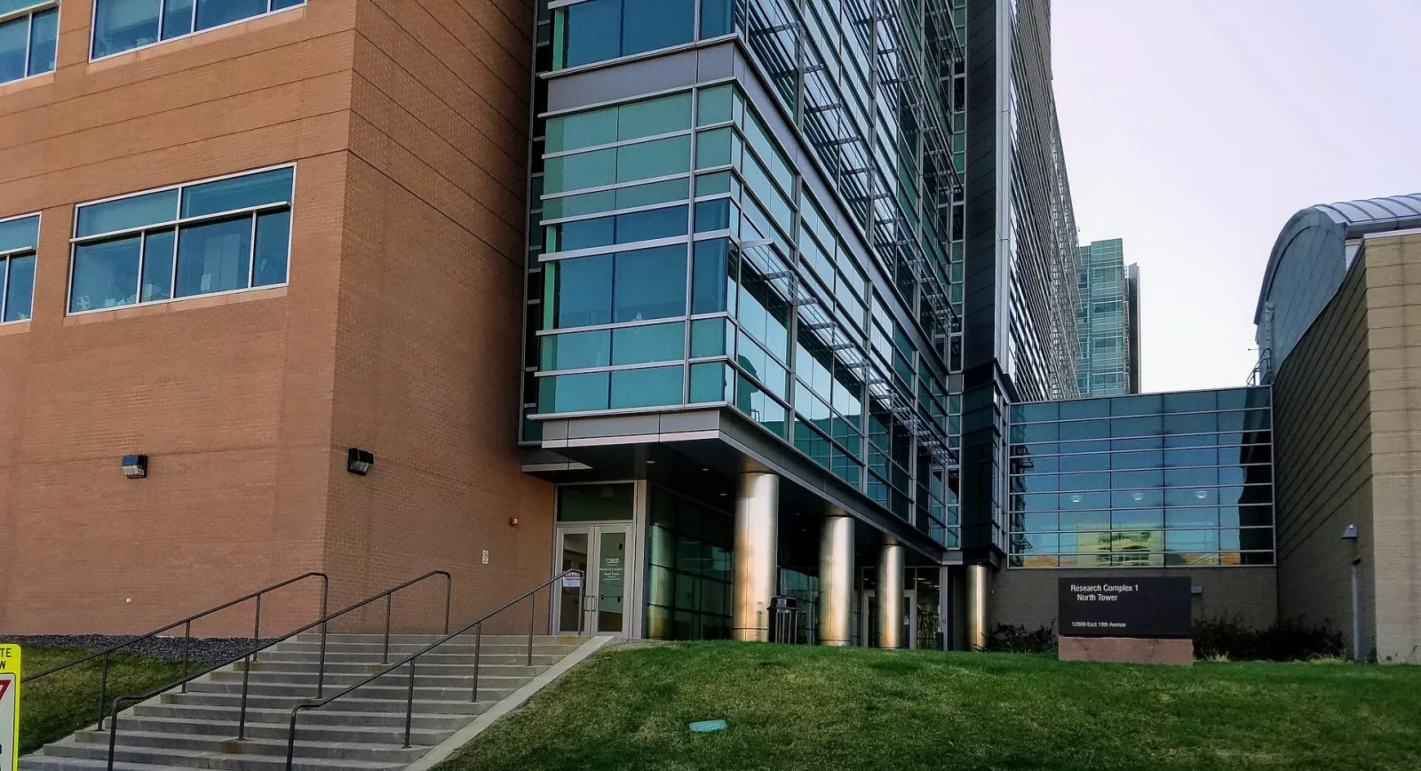 Research Complex 1 North Tower, north entrance, April 2020, Aurora, Colorado, United States
