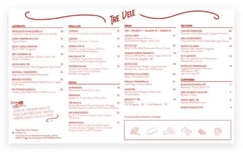 Menu at Tre Vele, Sandy Springs, GA