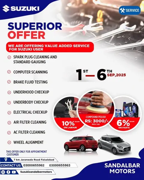 Suzuki Sandal Bar is an authorized dealer of Suzuki Pakistan in Faisalabad.