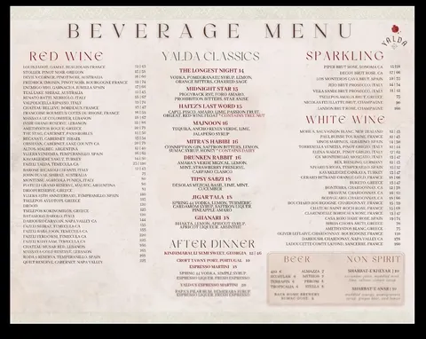 Menu at Yalda, Sandy Springs, GA