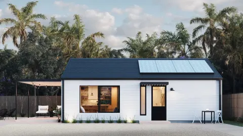 Modern detached ADU design with solar panels for a Los Angeles, CA backyard