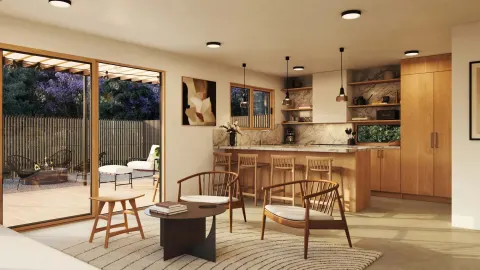 ADU interior design rendering with an open kitchen and patio access in Los Angeles
