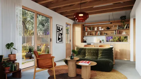 Cozy ADU living room design with wood beams and large windows