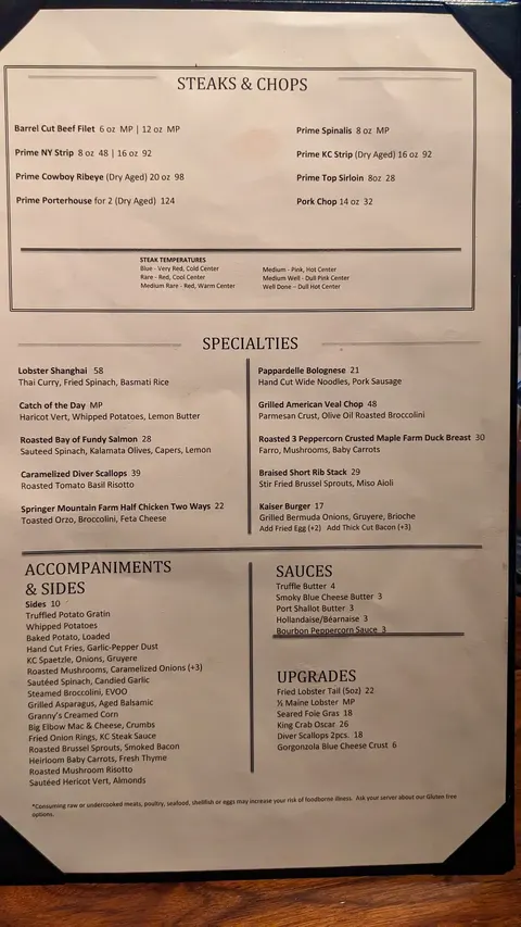 Menu at Kaiser's Chophouse, Sandy Springs, GA