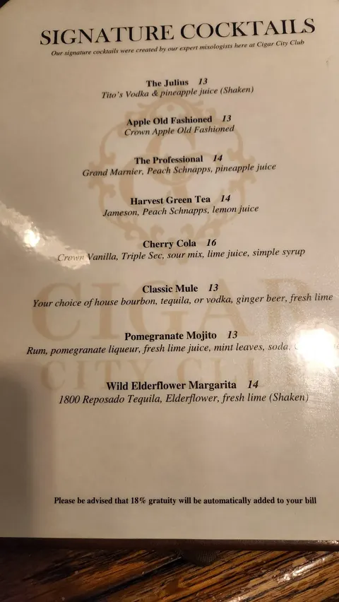 Menu at Cigar City Club, Sandy Springs, GA