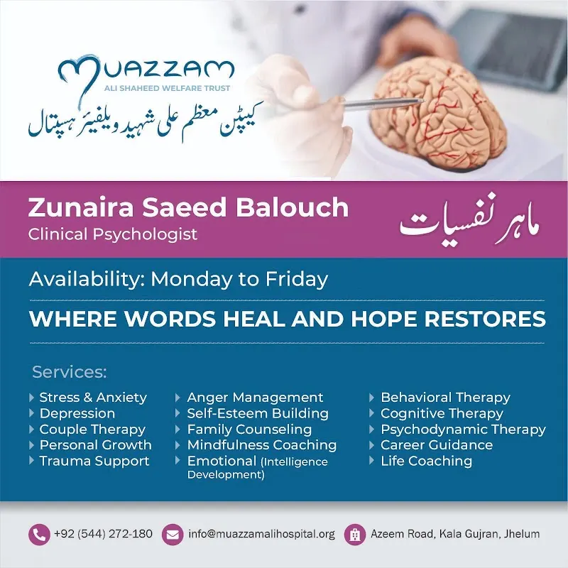 Zunaira Saeed Balouch (Best Psychologist), EMDR Psychotherapist in Jhelum